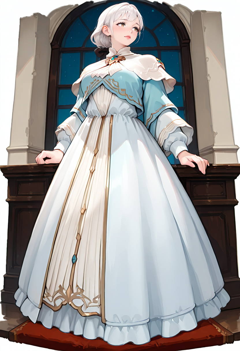 ameliance,ameliancedress,brown eyes,white hair,bow,ponytail,capelet,mature female<lora:amelianceILv6:0.8>blush,tall female<lora:unicornOLIL:1>full body,tachi-e, very awa, masterpiece, best quality, amazing quality, very aesthetic, absurdres, sensitive, newest <lora:spo_sdxl_10ep_4k-data_lora_webui:0.7>,