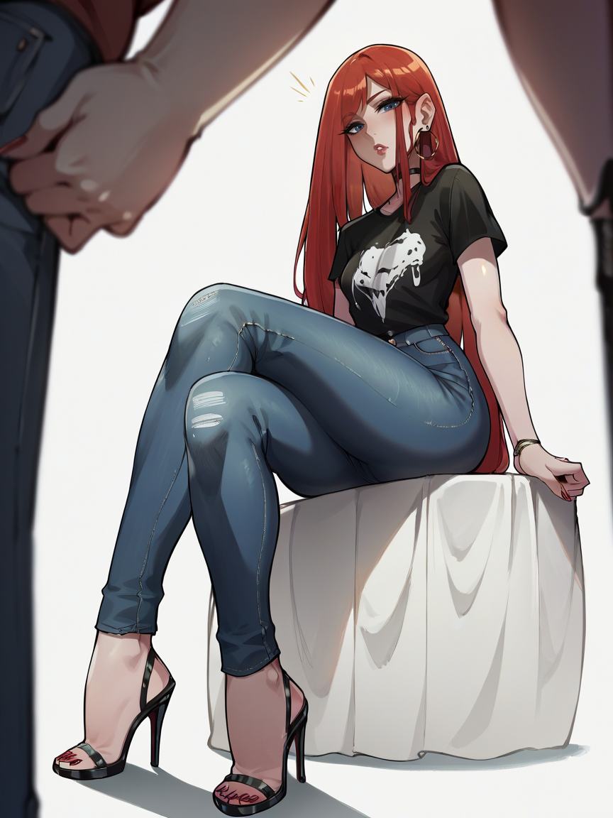 score_9, score_8_up, score_7_up, score_6_up, score_5_up,  <lora:aeliondXLP:1> aeliond, 1girl, jeans, high heels, long hair, t-shirt,