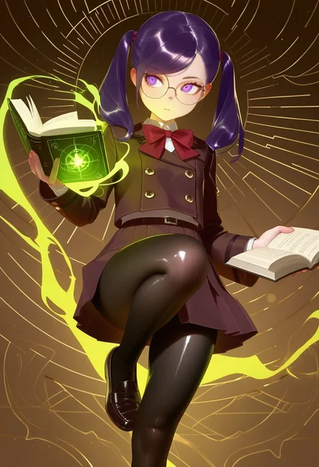 , , masterpiece, best quality, very aesthetic, absurdres, 
  shiny skin, thick black lineart, perfect face, 
1=2, , ,
1girl, knee up pose, [purple-haired scholar: twintails with red bow], [swept bangs framing round glasses], [expressionless purple eyes with sideways glance], [double-breasted brown jacket over school uniform], [holding erlenmeyer flask in one hand/open book in other], [black pantyhose with loafers just out of frame], [brown background with faint chemical diagrams], glowing green magic