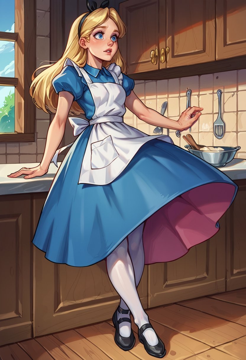 score_9, score_8_up, score_7_up, score_6_up, lilboots-dh BREAK, AliceWaifu, blue eyes, blue dress, white pantyhose, apron, black hairband, blonde <lora:Artist_Style_-_LilBoots_PDXL:0.8> <lora:AliceInWonderlandXLPony_character:0.7>