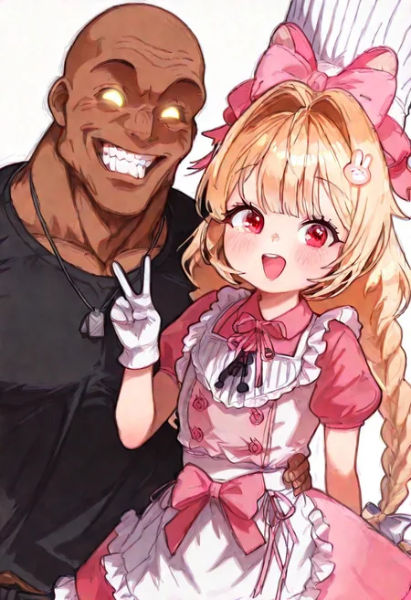 score_9, score_8_up, score_7_up, PossuStyle, 1girl, solo, portrait, cute, adorable, crust (nikke), blonde hair, twin braids, long hair, hair bow, hair ornament, chef hat, pink dress, white apron, white gloves, bow, ribbon, red eyes, petite, flat chest, narrow waist, looking at viewer, excited, smile, happy, peace sign, <lora:leaning-on-person-side-by-side-illustriousxl-lora-nochekaiser:1>, side-by-side, female wrapping arm around male, sfw, 1girl,
MALE TAGS: 1boy, dark skinned male, spec, glowing eyes, muscular, black shirt, ugly bastard, grinning male, bald,