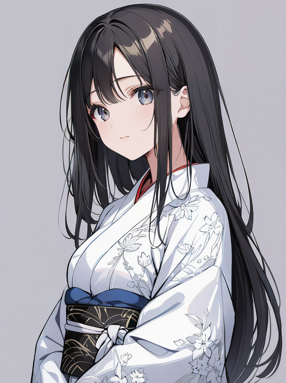 masterpiece,ultra-detailed,best quality,8K,illustration,cute face,clean skin ,shiny hair,girl,middle breasts,ultra-detailed-eyes,simple background, <lora:add-detail-xl:1>  <lora:straight hair_XL_V2.0:0.7> straight hair;black hair,kimono