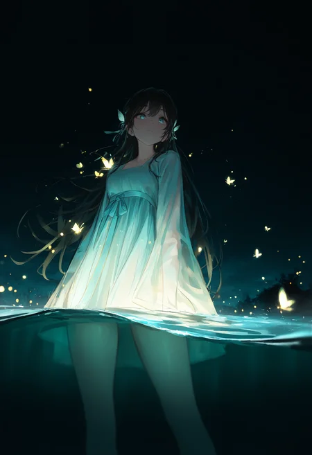 masterpiece, best quality, amazing quality, very aesthetic, absurdres, newest,  Partially Underwater Shot, a hanfu girl,gentle eyes,Showing off her slender thighs,
delicate Chinese hanfu,
peaceful, firefly, Depth of Field,Soft light, BREAK Deep blue sky,Black Water,her elegant silhouette outlined against the dark night sky. ethereal glow. <lora:ponyv4_noob1_2_adamW-000017:0.6> <lora:USNR_STYLE_XL_lokr:0.5>