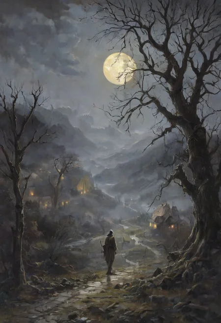 On a desolate hill, overlooking a far-off village, stands a solitary tree, its branches twisting and reaching toward the full moon hanging ominously in the darkened sky. The wind howls mournfully through the barren branches, carrying with it a sense of foreboding that chills the air. Below, the village lies shrouded in darkness, its silent streets bathed in the eerie glow of the moonlight. There's a sense of isolation and unease as the tree casts long, sinister shadows across the landscape, its presence looming ominously over the unsuspecting village. Despite the beauty of the moonlit scene, there's an underlying tension that permeates the air, as if something sinister lurks just beyond the edge of sight. In this haunting image, the tree stands as a silent sentinel, its gnarled branches a stark reminder of the darkness that lies in wait beneath the full moon's watchful gaze., moonlit night.romantic impressionism, dream scenery art, beautiful oil matte painting, romantic, style of thomas kinkade, beautiful digital painting, anime landscape, romantic painting, thomas kinkade style painting, dreamlike digital painting, colorful painting, beautiful gorgeous digital art, style thomas kinkade