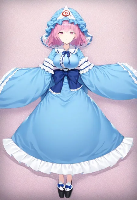 masterpiece, best quality, ultra-detailed, beautiful, nai3, 1girl, solo, full_body, tachi-e, 
yuyuko_touhou, 1girl, triangular_headpiece, wide_sleeves, long_sleeves, blue_kimono, cherry_blossoms