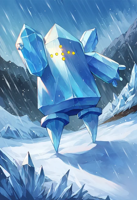 score_9,score_8_up,score_7_up,source_anime,zPDXL3,outdoors,snow,ice,snowing,sky,blue theme,
*//*,<lora:Poke_Regice-Pony:1>,reg_ice,solo,no humans,pokemon (creature),yellow eyes,ice,crystal,full body,
*//*,looking at viewer,cowboy shot,dutch angle,dynamic pose,