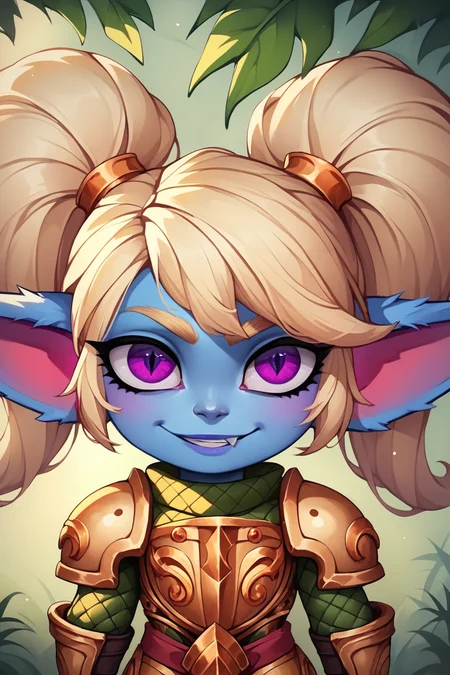 score_9, score_8_up, score_7_up, score_6_up, score_5_up, score_4_up, PoppyLoLXL, yordle, shortstack, purple eyes, blonde hair, twintails, blue skin, colored skin, golden armor,green snakeskin shirt, green snakeskin pants, (portrait shot, upper body), looking at viewer, seductive smile, forest, tree <lora:PoppyLoLXL:0.7>