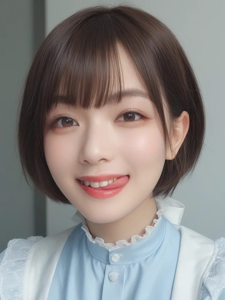 score_9, score_8_up, score_7_up, high quality, masterpiece,
Hight detail RAW color photo, professional photograph,
Cinematic Light, (Composition from the waist up:1.3),
japanese girl with short bob hair, Brown eyes, evil grin,
She is wearing a Light blue maid outfit with frills,
sticking out side tongue, peromilk <lora:peromilk:0.8>