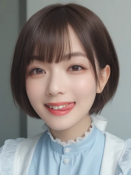 score_9, score_8_up, score_7_up, high quality, masterpiece,
Hight detail RAW color photo, professional photograph,
Cinematic Light, (Composition from the waist up:1.3),
japanese girl with short bob hair, Brown eyes, evil grin,
She is wearing a Light blue maid outfit with frills,
sticking out side tongue, peromilk <lora:peromilk:0.8>