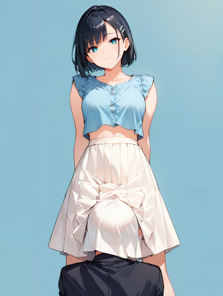 score_9, score_8_up, score_7_up,source_anime, high res image,masterpiece,best quality,(girl:1.0),cute face,clear skin,shiny hair,ultra detailed eyes,simple background, <lora:cunnilingus under skirt_pony_V1.0:0.8> cunnilingus under skirt, skirt, 1boy, standing