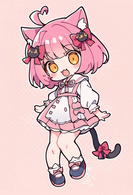 score_9, score_8_up, score_7_up, score_6_up, score_5_up, source_anime, 1girl,
cute, chibi,
trc00t,
marumoko, catgirl, cat ears, cat tail, pink hair, heart ahoge, yellow eyes, short hair, small breasts bangs, ribbon, cat hair ornament,