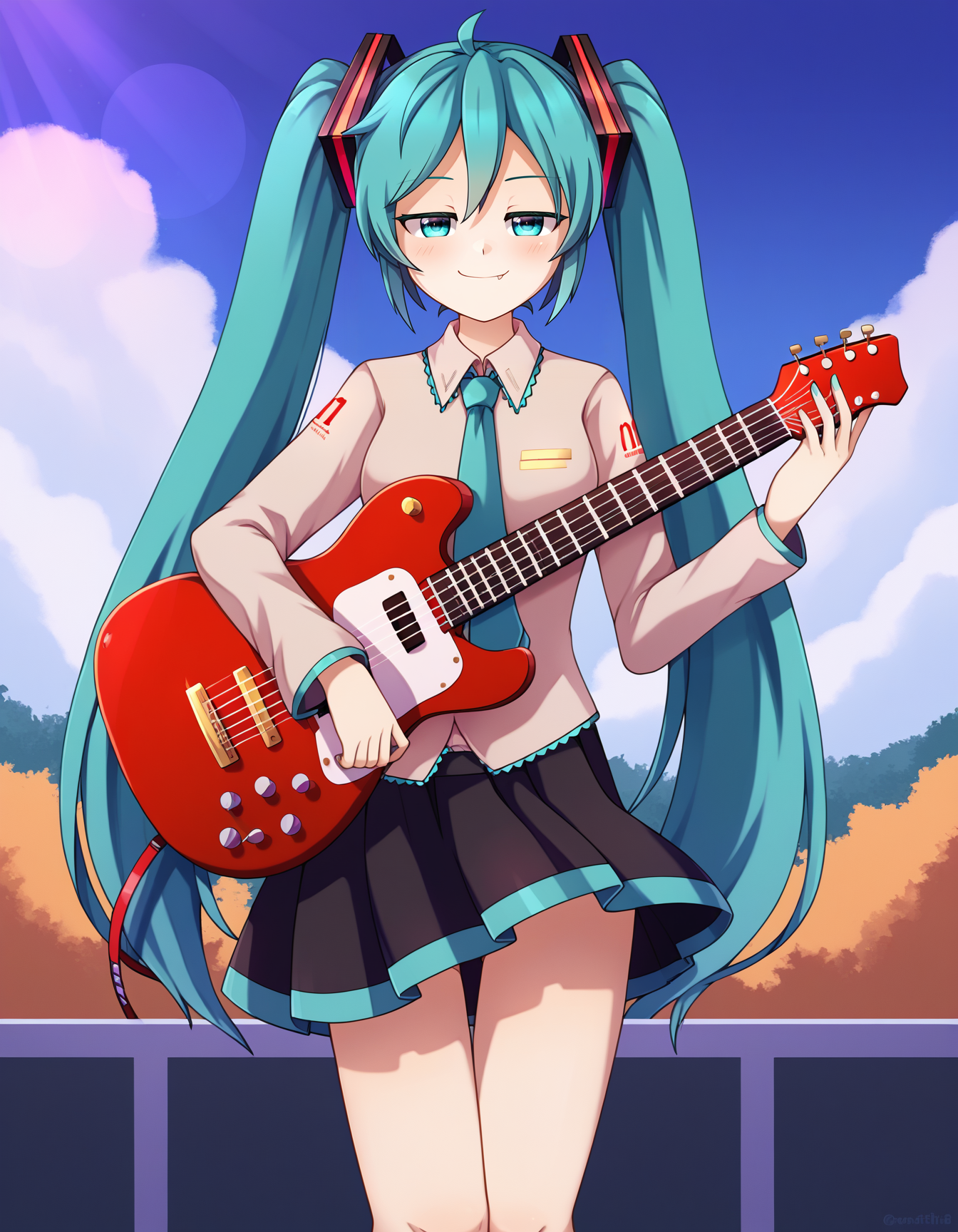 score_9, best quality, masterpiece, uncensored, source_anime
BREAK
1girl, standing, hatsune miku, looking at viewer, cowboy shot, shirt, pleated skirt, smug, half-closed eyes, outdoors, electric guitar, holding instrument
<lora:dt_pony_v1:1>