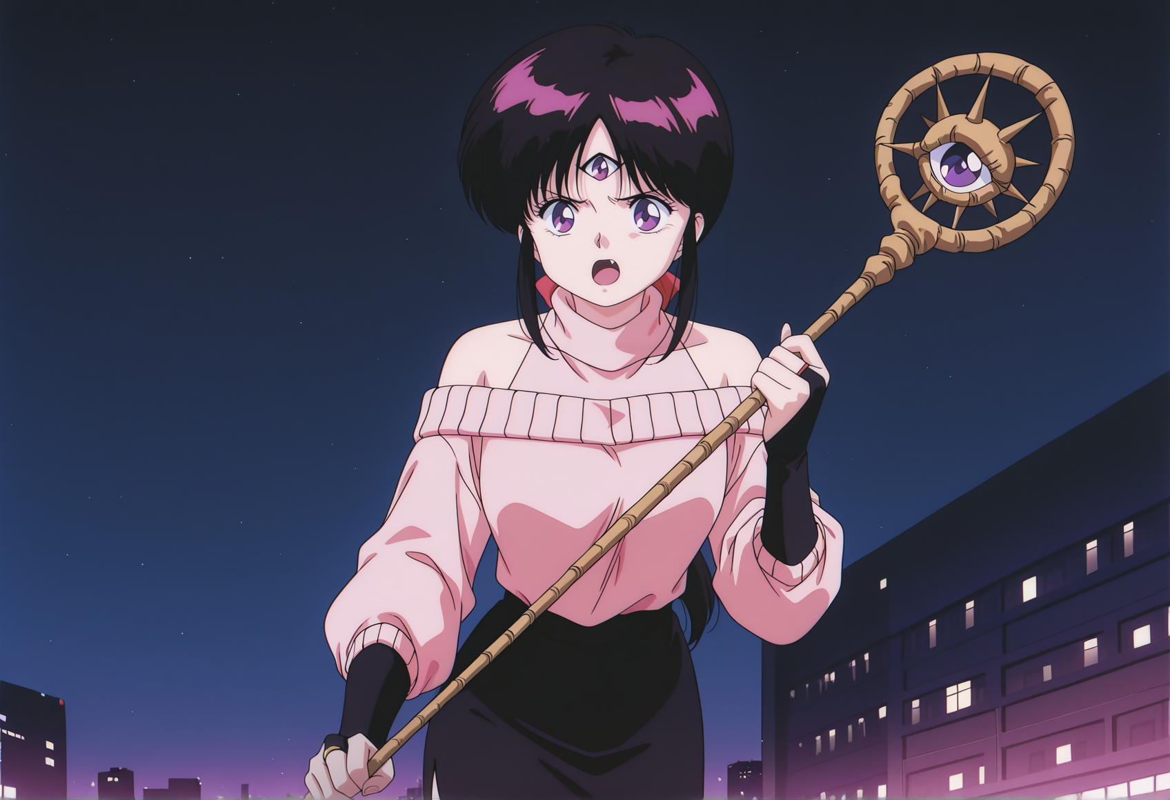 anime screenshot, anime screencap, anime coloring, retro artstyle, 1980s \(style\), 1girl. black hair, parted bangs, long hair, sidelocks, low ponytail, hair bow, third eye, purple eyes, sweater, bare shoulders, open mouth, fang, bare shoulders, pencil skirt, bridal gauntlets, holding staff, outdoors, city, night, lights  <lora:Pai_3x3_eyes:1>, masterpiece, best quality, amazing quality, very aesthetic, absurdres, highres, newest