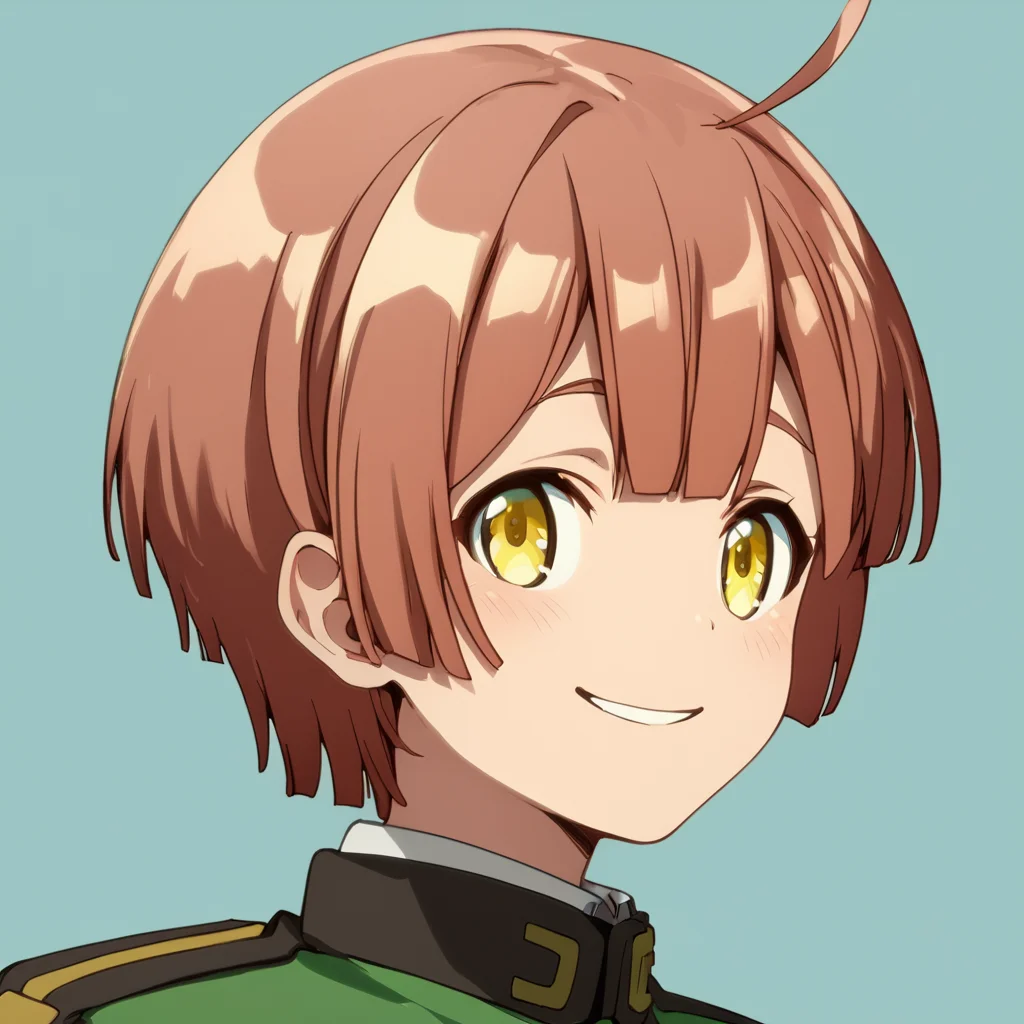 score_9, score_8_up, score_7_up, score_6_up, score_5_up, score_4_up, source_anime, Choline, short hair, yellow eyes, ahoge, brown hair, , smile, portrait, upper body