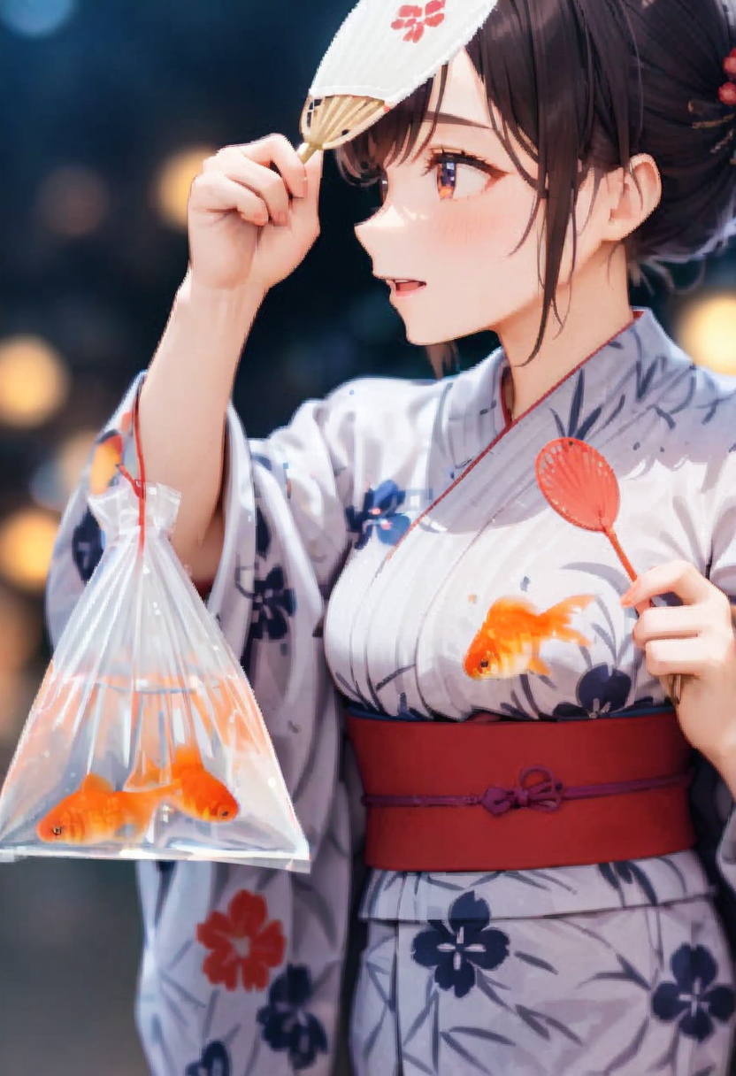 masterpiece, best quality, very aesthetic, absurdres,
kingyofukuro, bagged fish, fish, bag, goldfish, blurry, 1girl, close-up, solo, holding, blurry background, yukata, floral print, sash, uchiwa, night, 
 <lora:kingyo_fukuro_SDXL_V1:0.8>