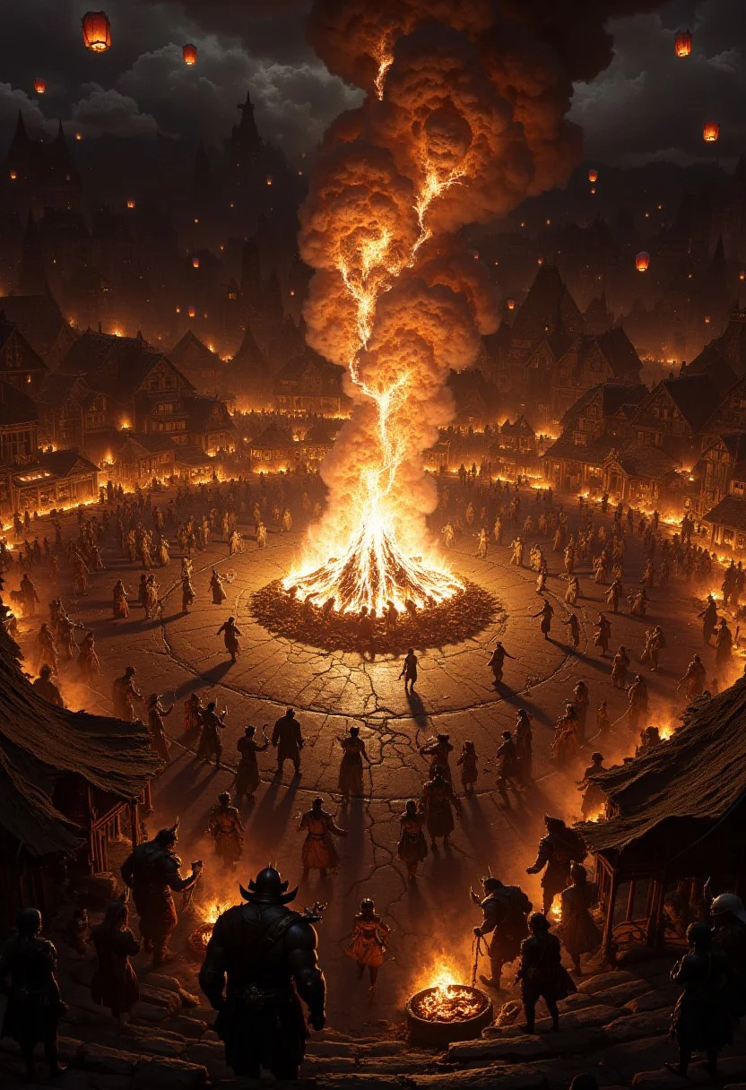 detailed renaissance oil painting, masterpiece, FredFraiStyle, chiascuro, silhoutetted, directional lighting, masterpiece, perfect composition, perfect hands, cowboy shot,
A grand autumn harvest festival in the heart of a village square, with humans, orcs, and satyrs dancing and feasting around a massive bonfire. The flames crackle with magical sparks, casting a warm, golden light on the surrounding thatched cottages and market stalls. The air is filled with the scent of roasting meats and spiced cider, while musicians play enchanted instruments that float and shimmer with energy. Above, glowing paper lanterns drift into the night sky. The vibe is joyful and communal, a celebration of the season’s bounty and the magic that sustains the land.