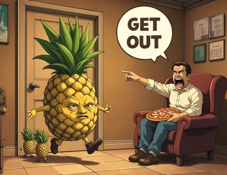 egmid, A sad pineapple followed by baby pineapples on the left with eyes looking back and runs sadly out of the door. On the right, a screaming man with a pizza on an armchair says "GET OUT!" in a speech bubble and points to the door, single image <lora:FLUX_MidJourney_Anime:1>