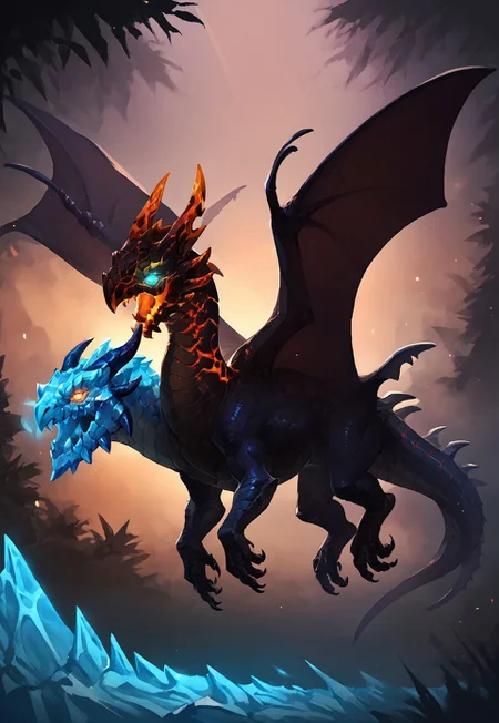 embedding:urn:air:sd1:embedding:civitai:222256@250708, score_9, score_8_up, score_7_up, score_6_up, rating_save, source_furry, feral, no humans, monster, multiple heads, teeth, sharp teeth, glowing, dragon, wings, claws, scales, glowing eyes, horns, tail, spikes, from side, full body, standing, on all fours, looking at viewer, open mouth, feral, dark forest, ice and fire