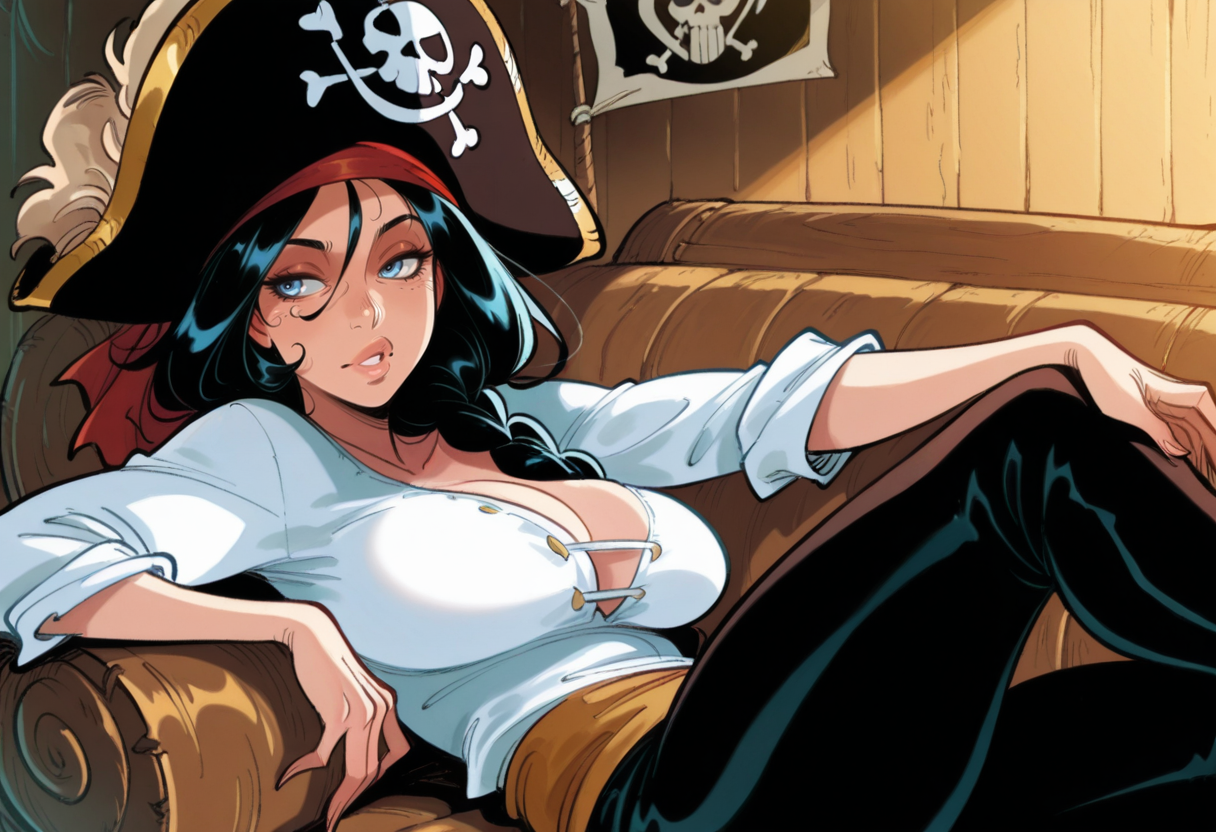 mature female, black hair, single braid, long hair, blue eyes, large breasts, lips, white shirt, pirate hat, pirate costume, reclining, indoors, wooden wall, wooden table, flag on wall, solo, looking to the side,
, <lora:AlessandroBarbucciILV1:0.9>, masterpiece, best quality, amazing quality,