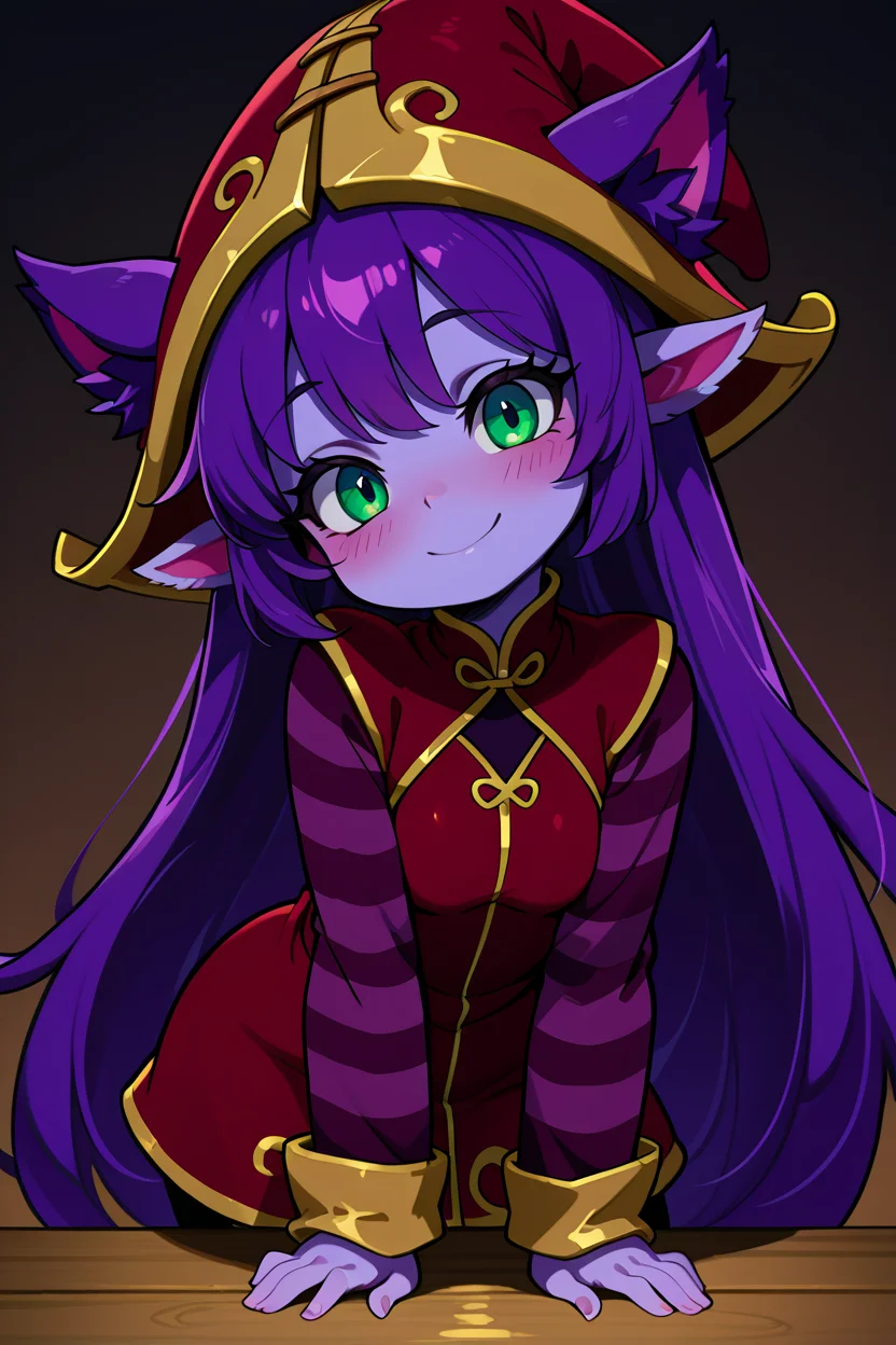 masterpiece, best quality, 1girl, solo, 21 year old model, eyelashes, (beautiful eyes), ,,, <lora:LuluLeagueoflegendsIXL:1.0>, zzLulu, long hair, bangs, animal ears, green eyes, purple hair, colored skin, purple skin, long sleeves, hat, dress, red dress, red headwear, ears through headwear, striped sleeves, yordle,,,, smile, looking at viewer, leaning forward, head tilt, blush,,, <lora:GoldenCATLoraIXL:0.6>, <lora:ZankuroIXLLight_v2:0.6>, <lora:princess_xl_v2:0.3>,
