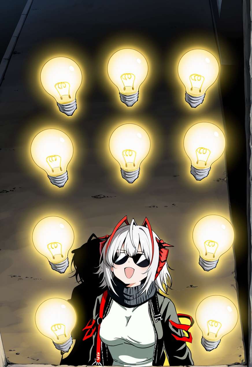 1girl,(sho \(sho lwlw\):0.7),(toosaka asagi:0.5),(sincos:0.3),solo, masterpiece, best quality, newest, absurdres, CG, anime, source anime, illustration, w(arknights),red horns,white short hair,black jacket,white shirt,black sunglasses,sunglasses covering eyes,large breasts,arms at sides, idea light bulb,many idea light bulbs, <lora:idealightbulb_Illust_v1:0.8> from above, panorama shot, looking up,strong light,yellow theme,underlighting,excited, at lighthouse, open mouth,smug