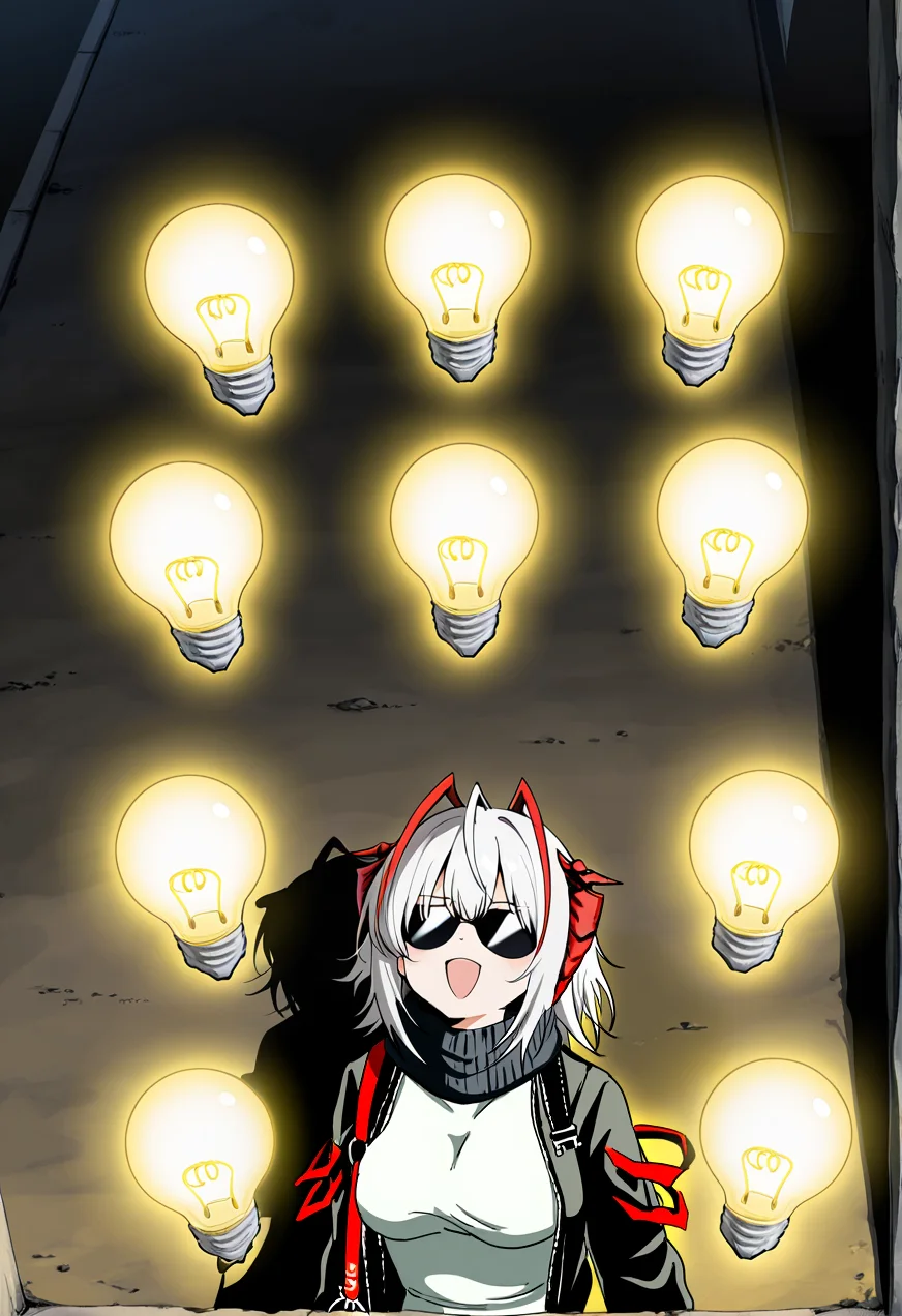 1girl,(sho \(sho lwlw\):0.7),(toosaka asagi:0.5),(sincos:0.3),solo, masterpiece, best quality, newest, absurdres, CG, anime, source anime, illustration, w(arknights),red horns,white short hair,black jacket,white shirt,black sunglasses,sunglasses covering eyes,large breasts,arms at sides, idea light bulb,many idea light bulbs, <lora:idealightbulb_Illust_v1:0.8> from above, panorama shot, looking up,strong light,yellow theme,underlighting,excited, at lighthouse, open mouth,smug