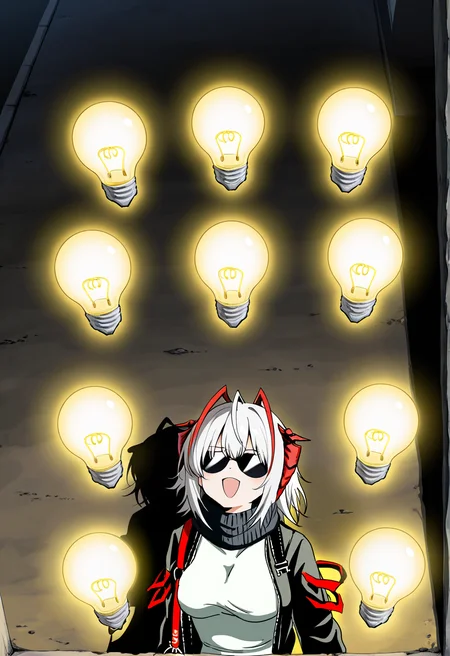 1girl,(sho \(sho lwlw\):0.7),(toosaka asagi:0.5),(sincos:0.3),solo, masterpiece, best quality, newest, absurdres, CG, anime, source anime, illustration, w(arknights),red horns,white short hair,black jacket,white shirt,black sunglasses,sunglasses covering eyes,large breasts,arms at sides, idea light bulb,many idea light bulbs, <lora:idealightbulb_Illust_v1:0.8> from above, panorama shot, looking up,strong light,yellow theme,underlighting,excited, at lighthouse, open mouth,smug