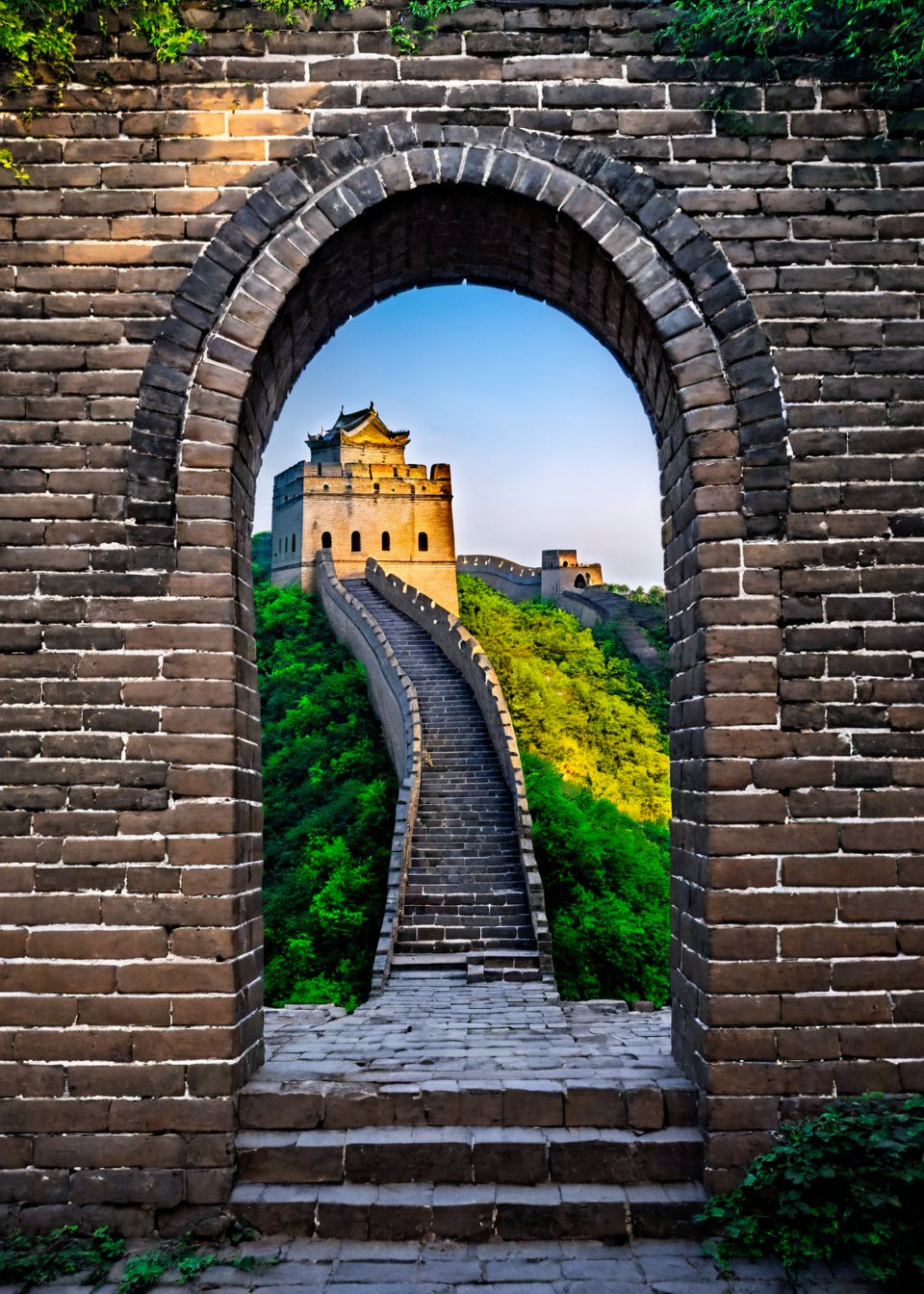 <lora:é¿å:1>,The Great Wall,no humans,scenery,window,brick wall,wall,arch,stairs,sunlight,stone wall,tree,in the building,, masterpiece, best quality,