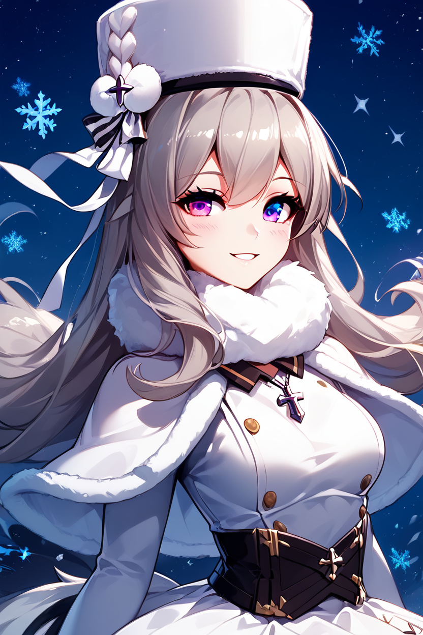 score_9, score_8_up, score_8, medium breasts, (curvy), cute, eyelashes,       ,,, , ,,, zzMurmansk, long hair, purple eyes, heterochromia, blue eyes, bangs, grey hair, hat, white headwear, cross necklace, fur-trimmed dress, white dress, papakha, black pantyhose, long sleeves, black belt, white coat, capelet, winter coat,  <lora:Murmansk_Azurlane_PDXL:1.0>,  ,,,, BREAK, ,,, upper body, smile, looking at viewer, ,,, shiny skin, <lora:ProAnime_PDXL_v1:0.8>, night, soft shadows, moonlight reflecting off skin, whisper of wind, ,,, embedding:zPDXL, Expressiveh, <lora:SDXLFaeTastic2400:0.5>, <lora:Expressive_H-000001:0.4>,