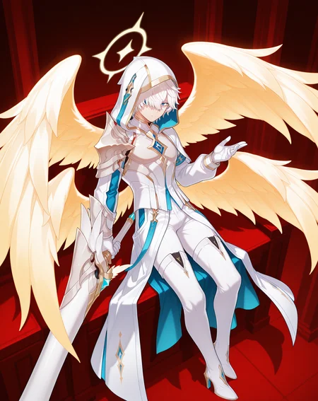 masterpiece, best quality, amazing quality, ultra-detailed, absurdres,
1boy, solo, yaoi, male focus, full body, from above, sitting, looking at viewer,
<lora:Elsword_Genesis_ilxl:1> elswordgn, white hair, blue eyes, short hair, hair between eyes, hair over one eye,
multiple wings, yellow halo,hood up, white armor, yellow wings, angel wings, white gloves,white robe, white thighhighs, breastplate, feathered wings, white wings, shoulder armor, puffy sleeves, white bodysuit, gold trim,
white footwear, high heels, thigh boots, high heel boots,
holding weapon, holding sword, huge weapon,lance,