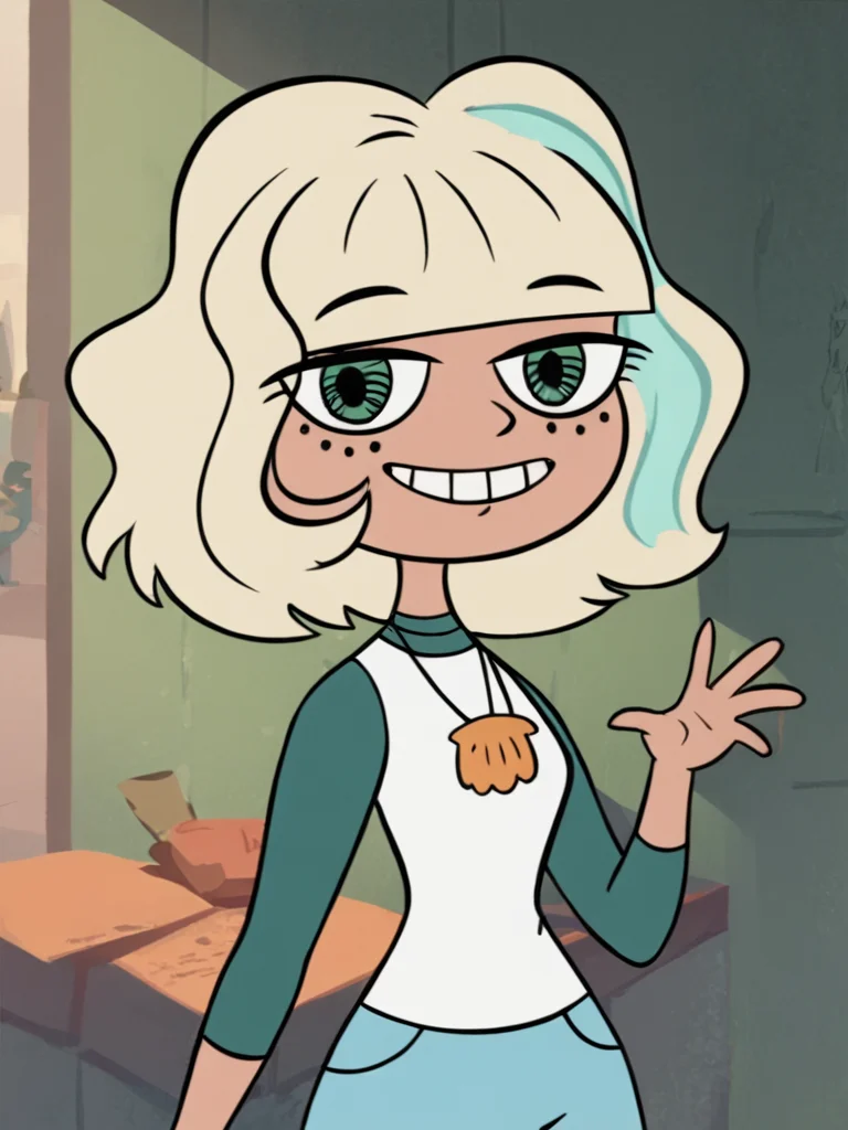 <lora:JackieLPony1.0:1> jackiel, blonde hair, 1girl, green eyes, solo, multicolored hair, short hair, shirt, shell necklace, bangs, smile, long sleeves, blue shorts,upper body,looking at viewer,standing, score_9, score_8_up, score_7_up, score_6_up