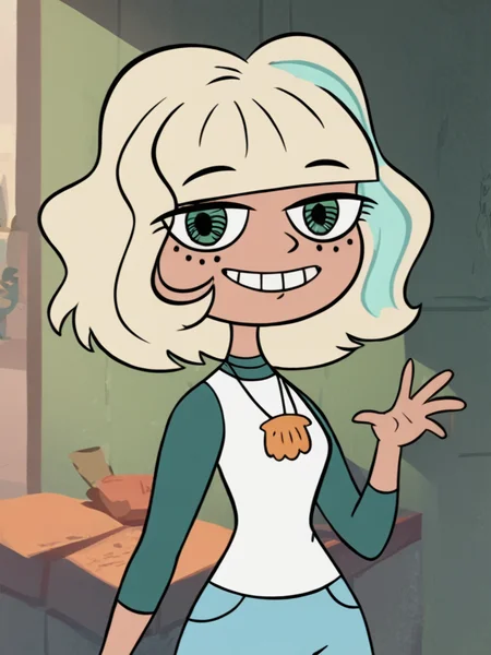 <lora:JackieLPony1.0:1> jackiel, blonde hair, 1girl, green eyes, solo, multicolored hair, short hair, shirt, shell necklace, bangs, smile, long sleeves, blue shorts,upper body,looking at viewer,standing, score_9, score_8_up, score_7_up, score_6_up