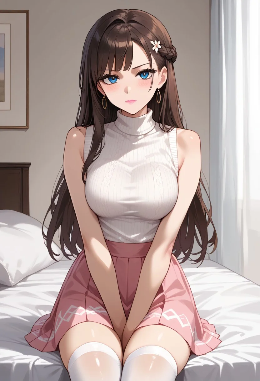 score_8_up, score_7_up, score_6_up, score_9, score_9, score_8_up, score_7_up, score_6_up, (top quality,8k wallpaper),(masterpiece,best quality:1.2), ((source_anime, anime)), 1girl, young adult, petite small shoulders, egirlthot, pale skin, smooth complexion, textured skin, brown hair, French braid, long hair, petite, slim, blue eyes, (pretty face), make up, pretty eyelashes, pink lipstick, pouting, unimpressed, dominant female,, curvy thighs, legs together, wide hips, medium breasts, preppy, beige Argyle Sweater Vest, Burberry pink skirt, white long sleeve shirt, arms crossed, white stockings, view, pink bedroom, flowing curtains, simple background, Expressiveh, BREAK, high quality, extreme quality, desaturated, noise, blur, low contrast, artist:redrop,realistic,2023,