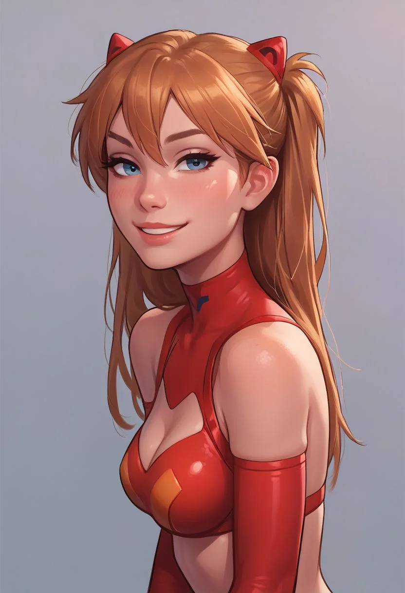 score_9, score_8_up, score_7_up, score_6_up, score_5_up, score_4_up, asuka langley, turning to face viewer, head tilt, 1 girl, seductive smile, looking at viewer, sexy revealing outfit, kinky, adorable, petite, skinny, side view, looking at viewer, round face, 18 years old, cutest girl in the world