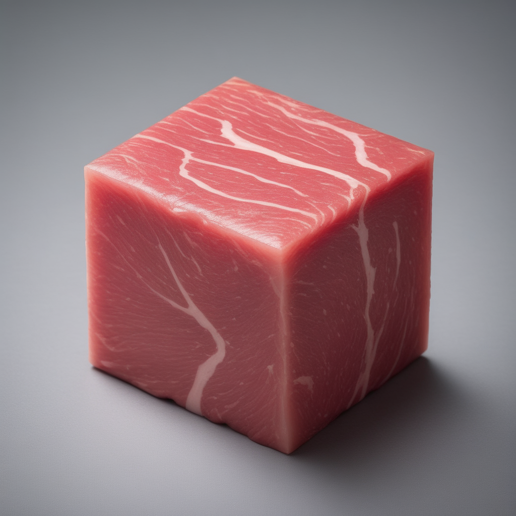 A cube of compressed meat, perfectly shaped into a standard cube, sits in the center of a pristine white plate. The meat's texture is evident, showcasing the fibers and marbling. The lighting is soft and overhead, casting minimal shadows and emphasizing the meat's unique structure. The background is a muted gray, allowing the meat cube to be the focal point. Medium: Digital Photography. Style: Ultra-realistic, emphasizing the surreal nature of the subject. Lighting: Soft overhead lighting. Colors: Natural meat tones contrasted with a white plate and gray background. Composition: Shot with a Canon EOS 5D Mark IV DSLR camera, EF 50mm f/1.8 STM lens, Resolution 30.4 megapixels, ISO sensitivity: 100, Shutter speed 1/125 second, <lora:chunks3:0.45>
