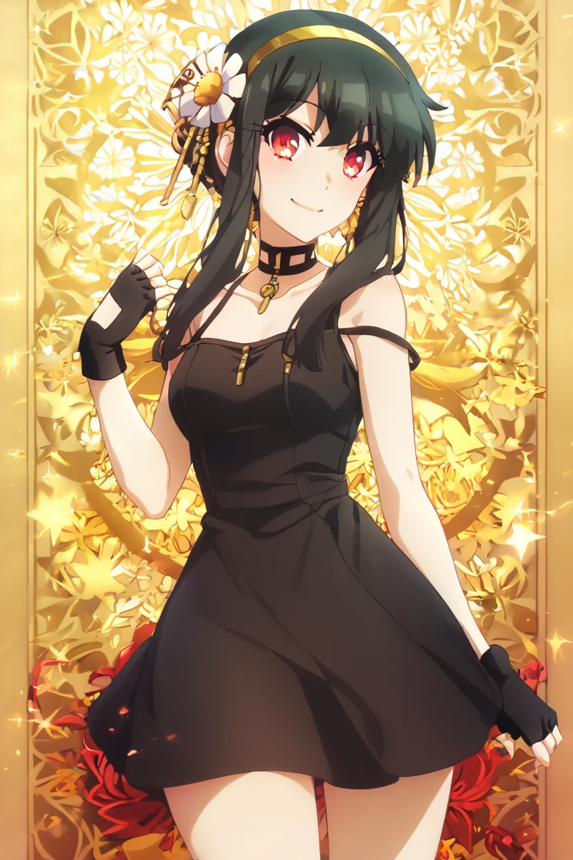 score_9, score_8_up, score_8, medium breasts, (curvy), cute, eyelashes, BREAK, , BREAK, YorForger,1girl,black hair, red eyes, short hair with long locks, gold hairband, hair flower, black choker, black dress, sleeveless, off shoulder, floral print, fingerless gloves, <lora:YorForgerXLpony004:0.8>,, <lora:PrismaIllya_PDXL_v3:1.0>, , BREAK, smile, looking at viewer, cowboy shot, embedding:zPDXL, Expressiveh, <lora:SDXLFaeTastic2400:0.5>, <lora:Expressive_H-000001:0.4>,