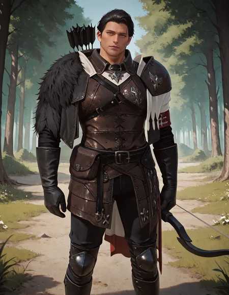 cinematic_depth, 8k, soft_lighting, warm_glow, ultra_high_quality, masterpiece, best quality, newest, perfect quality, intricate details, detailed background, male focus, realistic, solo, <lora:Throne and Liberty - Robert - Illustrious-000005:0.7>, tl_robert, 1boy, mature male, stubble, black hair, grey eyes, leather armor, fur-trimmed pauldron, side cape, leather gloves, leg armor, leather boots, outdoors, colorful forest, green trees, grass, plants, looking at viewer, head tilt, holding bow (weapon), quiver (arrow)