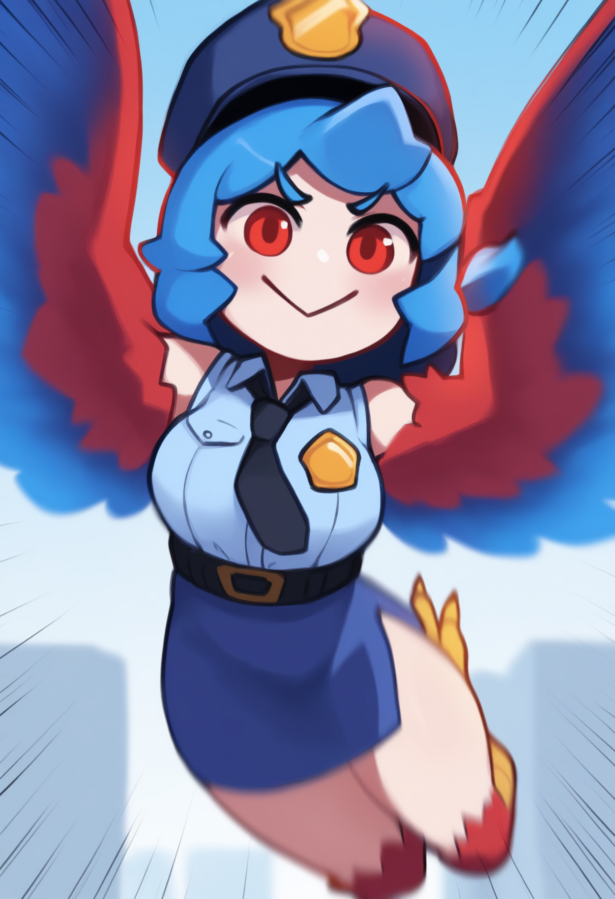 (harris hero:0.6), masterpiece, best quality, <break> solo, 1girl, h4rpy, monster girl, harpy, red wings, blue wings, feathered wings, red feathers, blue feathers, winged arms, bird tail, bird legs, smile, :>, jumping, flying, incoming attack, long hair, blue hair, police hat, red eyes, v-shaped eyebrows, police uniform, blue shirt, collared shirt, sleeveless shirt, black necktie, badge, blue skirt, pencil skirt, side slit, outdoors, city street, emphasis lines, motion blur
<segment:yolo-Anzhc Face seg 640 v2 y8n.pt,0.4,0.5//cid=1>