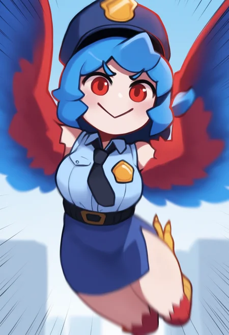 (harris hero:0.6), masterpiece, best quality, <break> solo, 1girl, h4rpy, monster girl, harpy, red wings, blue wings, feathered wings, red feathers, blue feathers, winged arms, bird tail, bird legs, smile, :>, jumping, flying, incoming attack, long hair, blue hair, police hat, red eyes, v-shaped eyebrows, police uniform, blue shirt, collared shirt, sleeveless shirt, black necktie, badge, blue skirt, pencil skirt, side slit, outdoors, city street, emphasis lines, motion blur
<segment:yolo-Anzhc Face seg 640 v2 y8n.pt,0.4,0.5//cid=1>