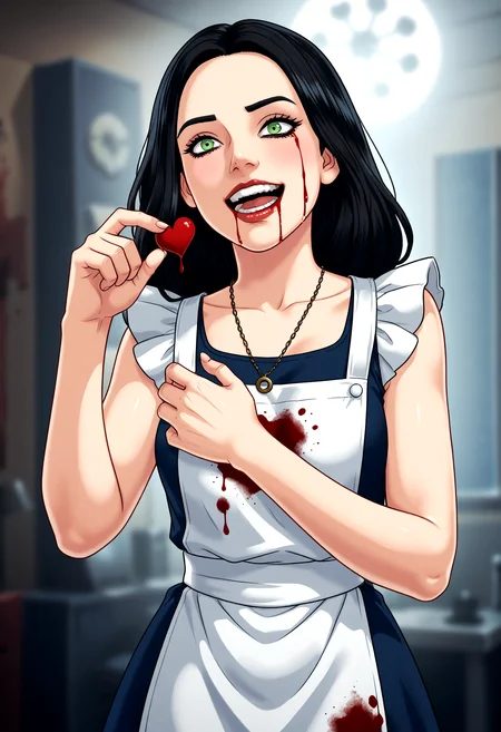 score_9, score_8_up, score_7_up, 1girl mcgee's alice madness returns with a bloody vorpal knife in hand, blue dress, white apron, alchemical symbols, omega necklace, green eyes, dark hair, manic laugh, bloody tears, bloody heart <lora:dmd2_sdxl_4step_lora> <lora:xl_spo_sdxl_10ep_4k-data_lora_webui> <lora:p_Eva_KissV2.5>