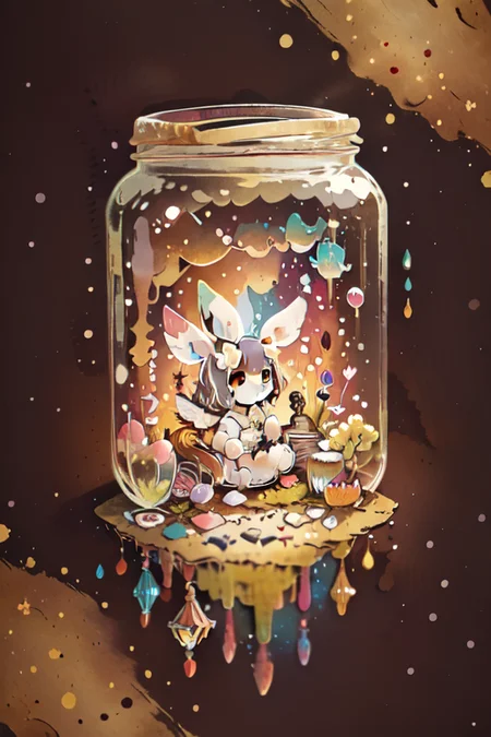 fairy in jar, 1girl, fairy wings, blushes, open shoulders, morning, small breasts, (black hair, messy hair), bunny ears, bright colors, watercolor art style, (2d, art), <lora:GoodHands-vanilla:1>, <lora:Loraeyes_V1:1>, <lora:Jar_v1_LORA:1>, <lora:more_details:-0.5>, <lora:cute00d:1>