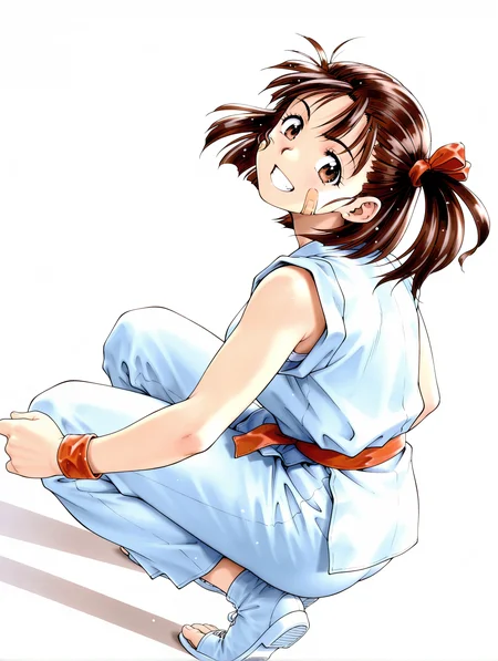 masterpiece,best quality,newest,1girl,solo,
<lora:i_ryouko_ilxl_v1.2:1>,
ryouko,brown hair,Side ponytail,ribbon,r_clothes,bandaid on face,bandaged arm,r_sneakers,toeless legwear,<lora:Fixhands_anime_bdsqlsz_V1:1>,dynamic_angle,cinematic_angle,simple_background,white_background,face_focus,squatting,(grin:0.9),looking_at_viewer,looking_back,from behind,