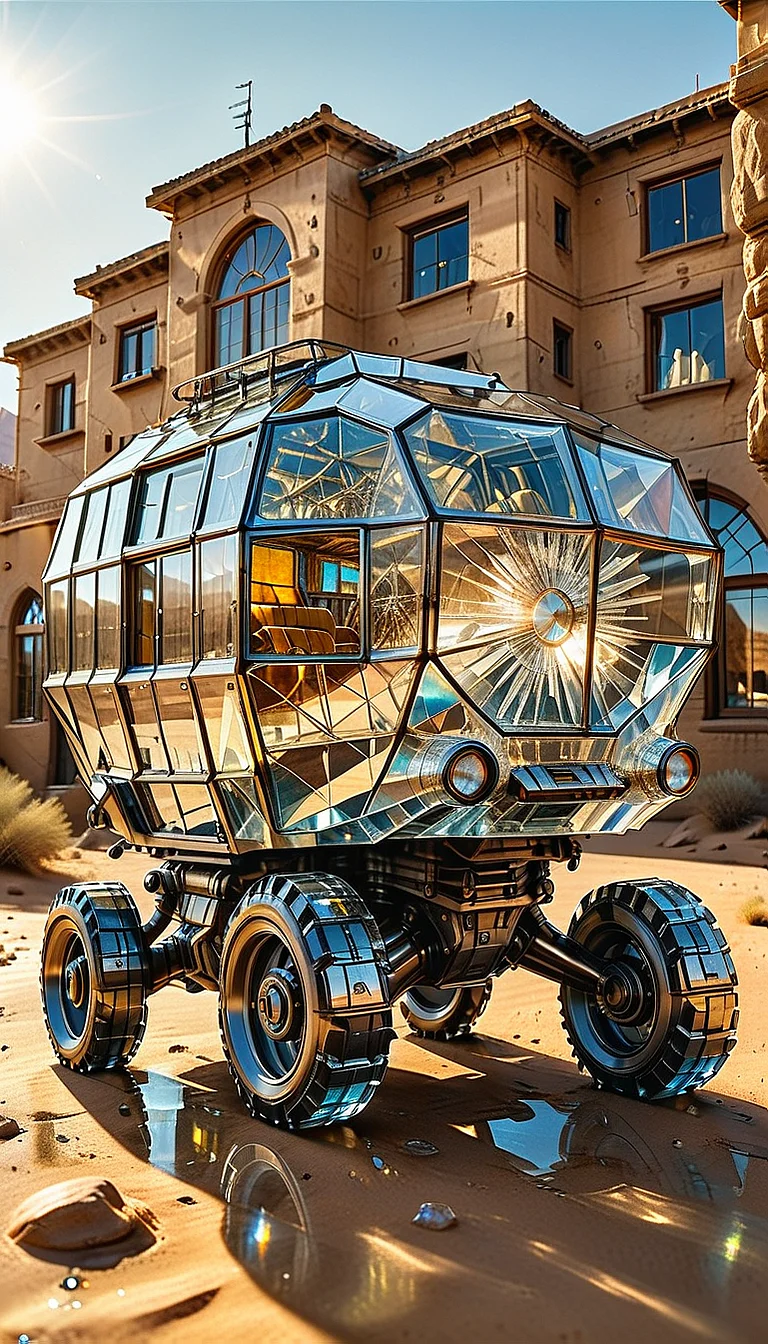 extremely detailed 32k UHD RAW photo depicting a (Walking vehicle car entirely made of crystal, showcasing a multifaceted translucent body with a prismatic effect as light passes through, transparent body), taken by a national geographic photographer with DSLR, beautiful sunlight, desert, (ultra sharp focus:2), (detailed windows:2), (thin lines:2), (best quality:1.8), <lora:Apparatus_-_Traction_City_Walkers_Vehicles:0.8>