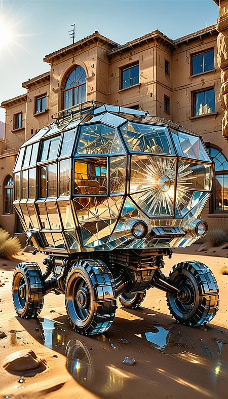 extremely detailed 32k UHD RAW photo depicting a (Walking vehicle car entirely made of crystal, showcasing a multifaceted translucent body with a prismatic effect as light passes through, transparent body), taken by a national geographic photographer with DSLR, beautiful sunlight, desert, (ultra sharp focus:2), (detailed windows:2), (thin lines:2), (best quality:1.8), <lora:Apparatus_-_Traction_City_Walkers_Vehicles:0.8>