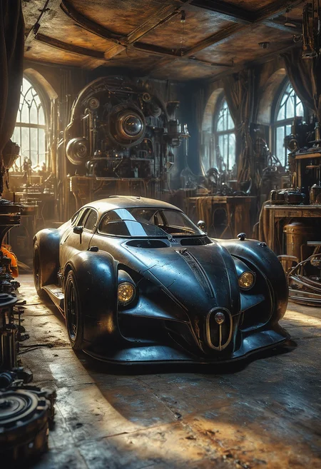 (masterpiece, best quality, stunning, highly detailed,artwork Fantasy art by Brian Froud, macrophoto, high-contrast palette, (film grain),ultrarealistic 4k,photoart_style, (masterpiece of a black futuristic derby car in a room, the car is so big that it does not fit in the place, it breaks the structure of the construction.), realistic,Cinematic Lighting, movie-level texture, .(style of Brian Froud:1.3), trending on artstation
