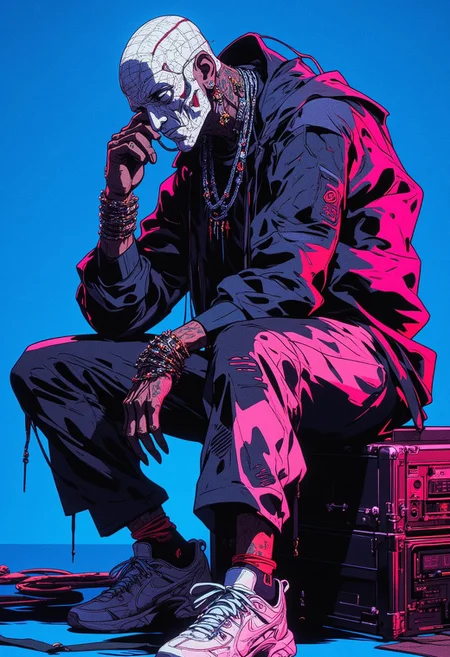 In a hyper-realistic digital art piece ((ne0nfant4sy, niji_flux)), depict a man with an expressionless porcelain mask, devoid of eyes and mouth, intricately adorned with patterns crafted entirely from dots and lines. His lower body is Chromecore, with silver, metallic skin blending into vibrant, gradient tones that shimmer in blue, black, and chrome. The simple blue background contrasts sharply with his bold presence, adding depth to the dark, minimalistic setting. He wears oversized, distressed clothing with avant-garde flair, paired with chunky sneakers, making him a trendsetter in both music and fashion. Over his clothing, chrome waist chains, necklaces, and bangles shine brightly, creating a futuristic aesthetic. The vntblk dark tones of his outfit elevate his bold, attention-grabbing look, blending streetwear with high-fashion elements, making him appear like an iconic figure.NIjiV1_FLUX,ne0nfant4sy
