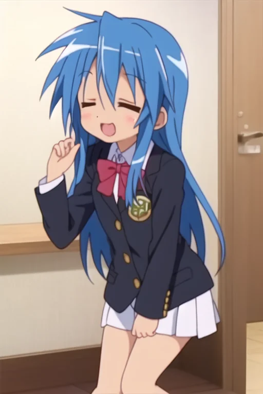 best quality, (konataFull-10000:.9), white and blue school uniform, eyes closed, uwu
