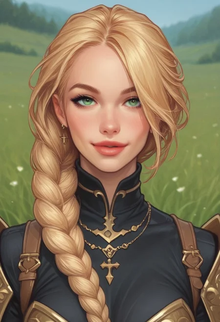 1girl, illustration, looking at viewer, highly detailed, from front,1girl, looking at viewer, highly detailed, skinny, looking at viewer, 1girl, masterpiece, best quality, full body portrait, 1girl, <lora:agrias-nvwls-v3:1> agrias, armor, corset, dark red dress, brown gloves, cross-laced boots, looking at viewer, sidelocks, braided ponytail, light green eyes, Romance, sci-fi, artificial intelligence, highly detailed
BREAK
slight smile, looking at viewer,
BREAK
long hair, blonde hair, hair over one eye, big hair,
BREAK
best quality, depth of field, bokeh, (((full clothed))) (best quality, high detail), ((masterpiece)), <lora:1_ino_20e:1>
BREAK
((((((field, mill)))))) score_9, score_8_up, score_7_up, score_6_up, source_cartoon, rating_explicit, Expressiveh, (((((upper body))))), dynamic pose
