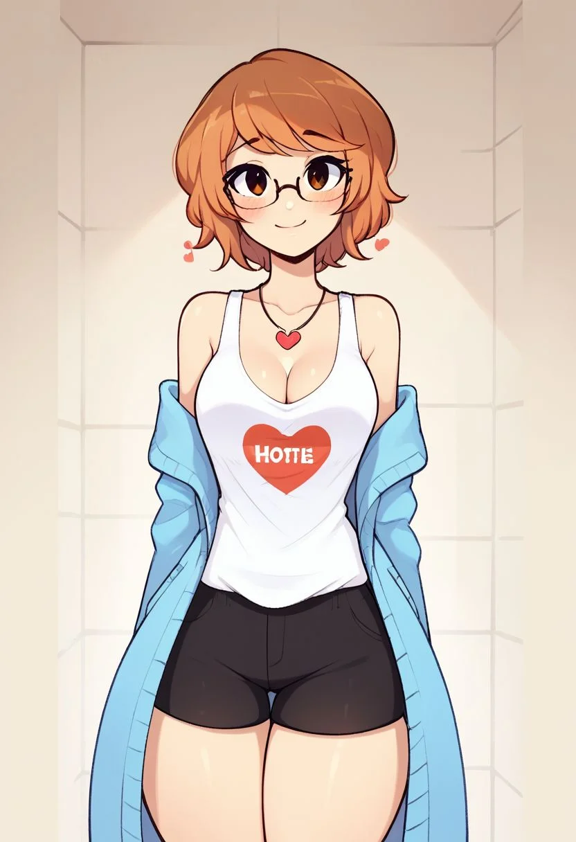score_9, score_8_up, score_7_up, 1girl, solo, beautiful petite short cute european girl, ,luna_(fiz), orange hair, glasses, thick thighs, with (big round breasts:1.15)), shirt, sleeveless, black shorts, white shirt, blue coat, cleavage, breasts inside clothing, blushing expression, in bathroom, hotel bathroom, cozy lights, detailed background, heart necklace, cute, wide shot, legs, smiling, ((wide hips, thick thighs:1.1))