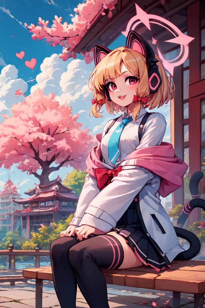 score_9, score_8_up, score_8, medium breasts, (curvy), cute, eyelashes,       BREAK, , ,,, zzMomoi, blonde hair, animal ears, fake animal ears, animal ear headphones, headphones, short hair, bow, halo, cat ear headphones, hair bow, red bow, pink eyes, pink halo, tail, cat tail, red eyes, collared shirt, long sleeves, pleated skirt,  white shirt, black skirt, blue necktie, white jacket, wide sleeves, black thighhighs, suspender skirt ,<lora:Momoi_BlueArchive_PDXL:0.8>,    ,,,, BREAK, sitting on bench, side view, smile, looking at viewer, cowboy shot,  ,,, BREAK, pnkBldng, sky, day, cloud, tree, blue sky, building, architecture, east asian architecture,  ,,, BREAK, embedding:zPDXL, Expressiveh,  ,,, <lora:PinkBuildingsPDXL_v2:0.6>, <lora:SDXLFaeTastic2400:0.5>, <lora:Expressive_H-000001:0.4>
